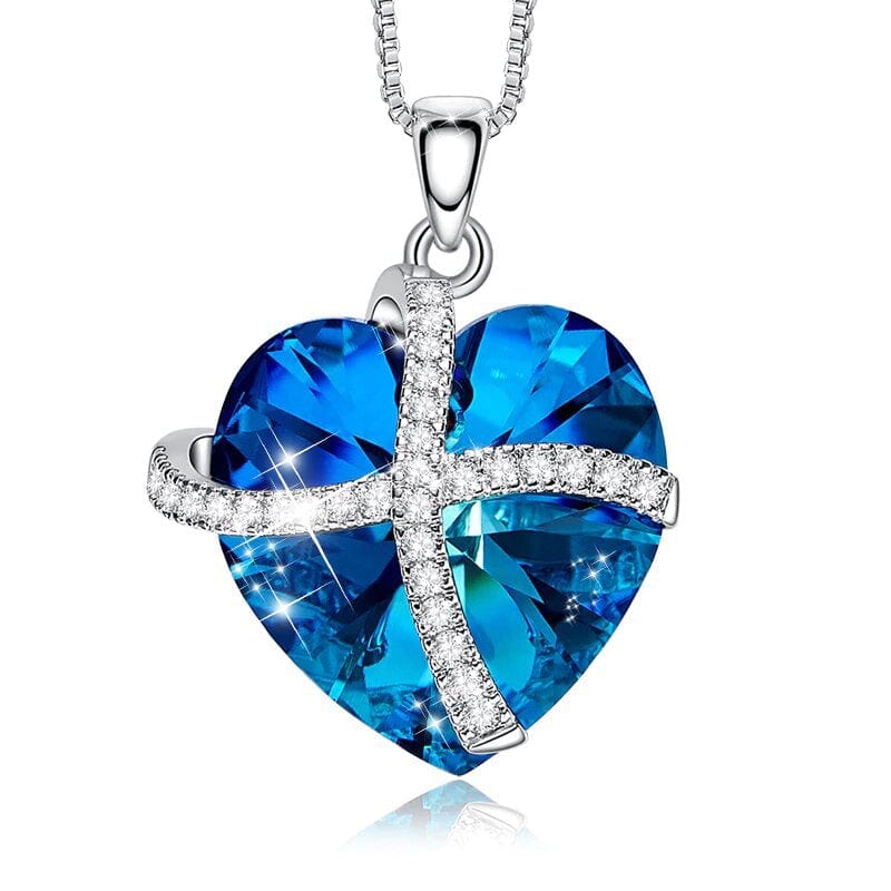 18K White Gold Plated My Heart is your Gift in Blue Necklace with Classic Stud Earrings Set