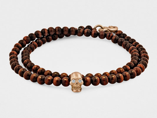 Double-Wrap Skull Bracelet in 18K Gold With Diamond Eyes, Red Tiger Eye and Snake Clasp