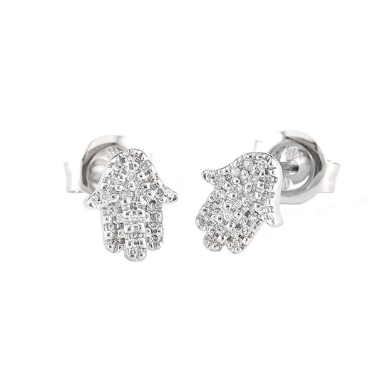 14k White Gold Diamond Hamsa Hand Stud Earrings