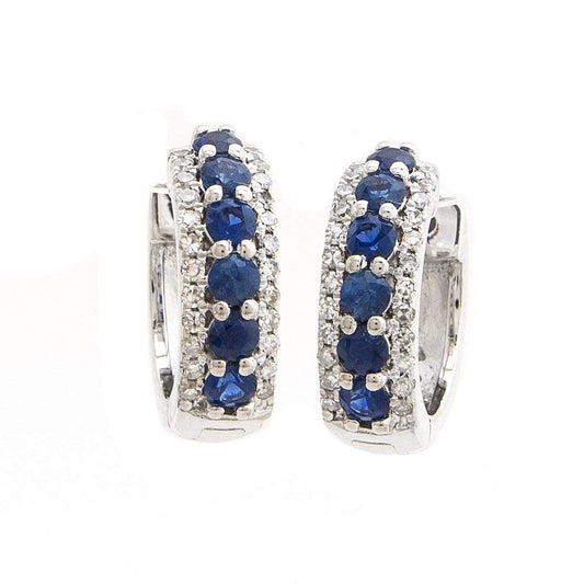 14k White Gold Sapphire & Diamond Huggie Hoop Earrings