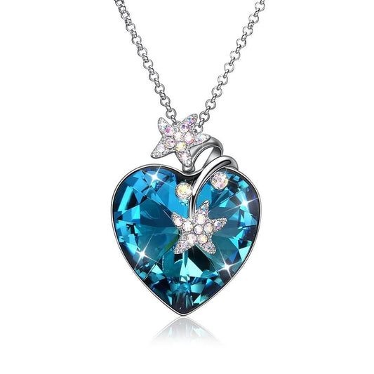 Certified Blue Topaz 5.00 Ct Heart Cut Sterling Silver Star Necklace with Crystals