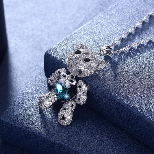 Sapphire Teddy Bear Sterling Silver Necklace with Crystals Sapphire