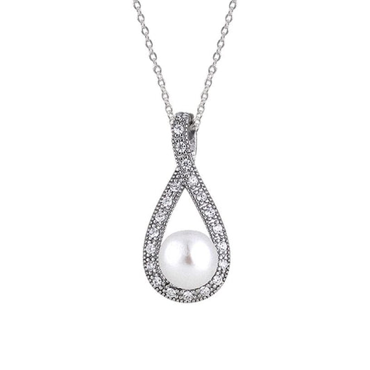 Silver Zircon Pearl Necklace with 925 Hallmark & Certificate of Authenticity