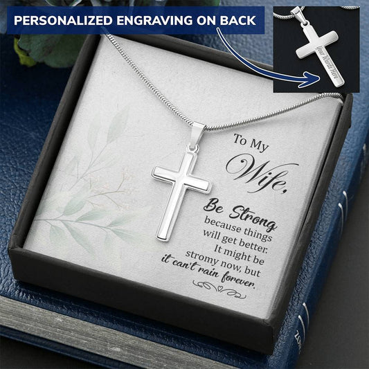 To My Wife Be Strong Cross Necklace Two-Toned Gift Box