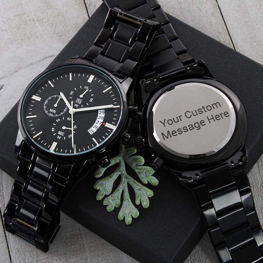 Custom Engraved Black Chronograph Watch Two-Toned Gift Box